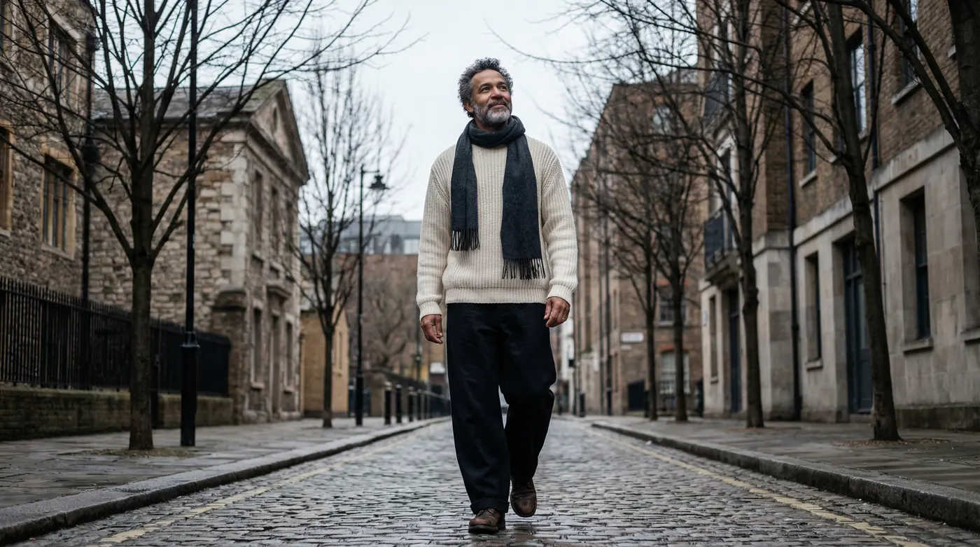 A mixed-race man in his 50s or 60s with grey curly hair and a beard, wearing a cream knitted jumper and charcoal scarf, walking along a cobbled street between stone buildings, looking upward with a calm, contemplative smile