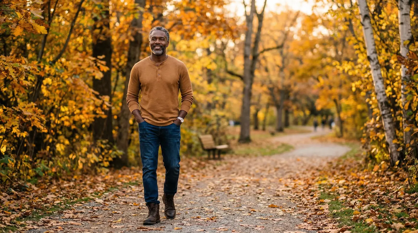 A Black man in a caramel henley walking along an autumn park path, calm and reflective expression