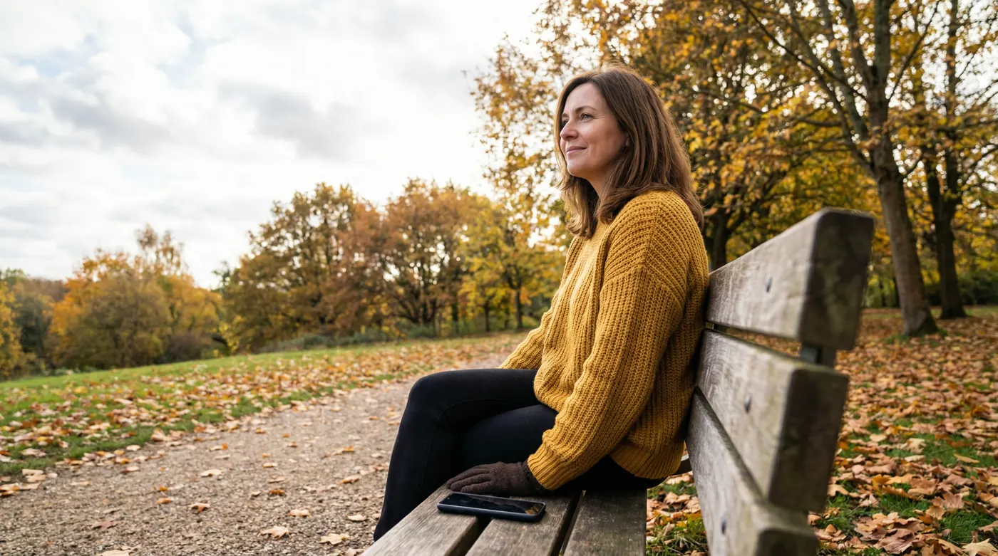 A woman with shoulder-length brown hair wearing a mustard yellow knitted jumper, sitting alone on a wooden park bench surrounded by autumn leaves, looking into the distance with a calm, thoughtful expression