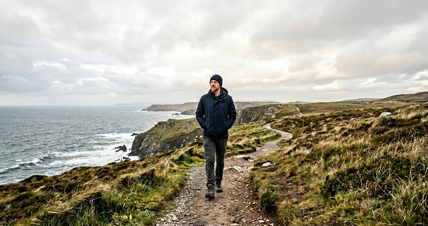 A man walking alone along a wide open coastal path, hands in pockets, looking ahead calmly