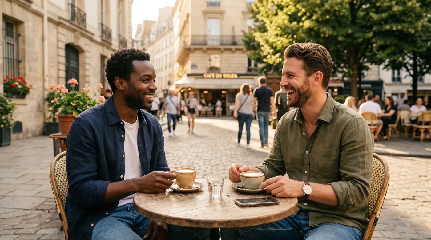 Two men, one Black and one white, laughing and talking over coffee at a sunny outdoor cafe table