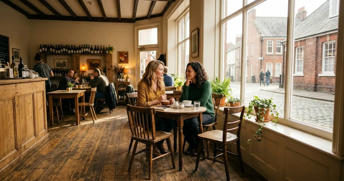 Two women sitting at a cafe table in warm conversation, one listening attentively while the other speaks
