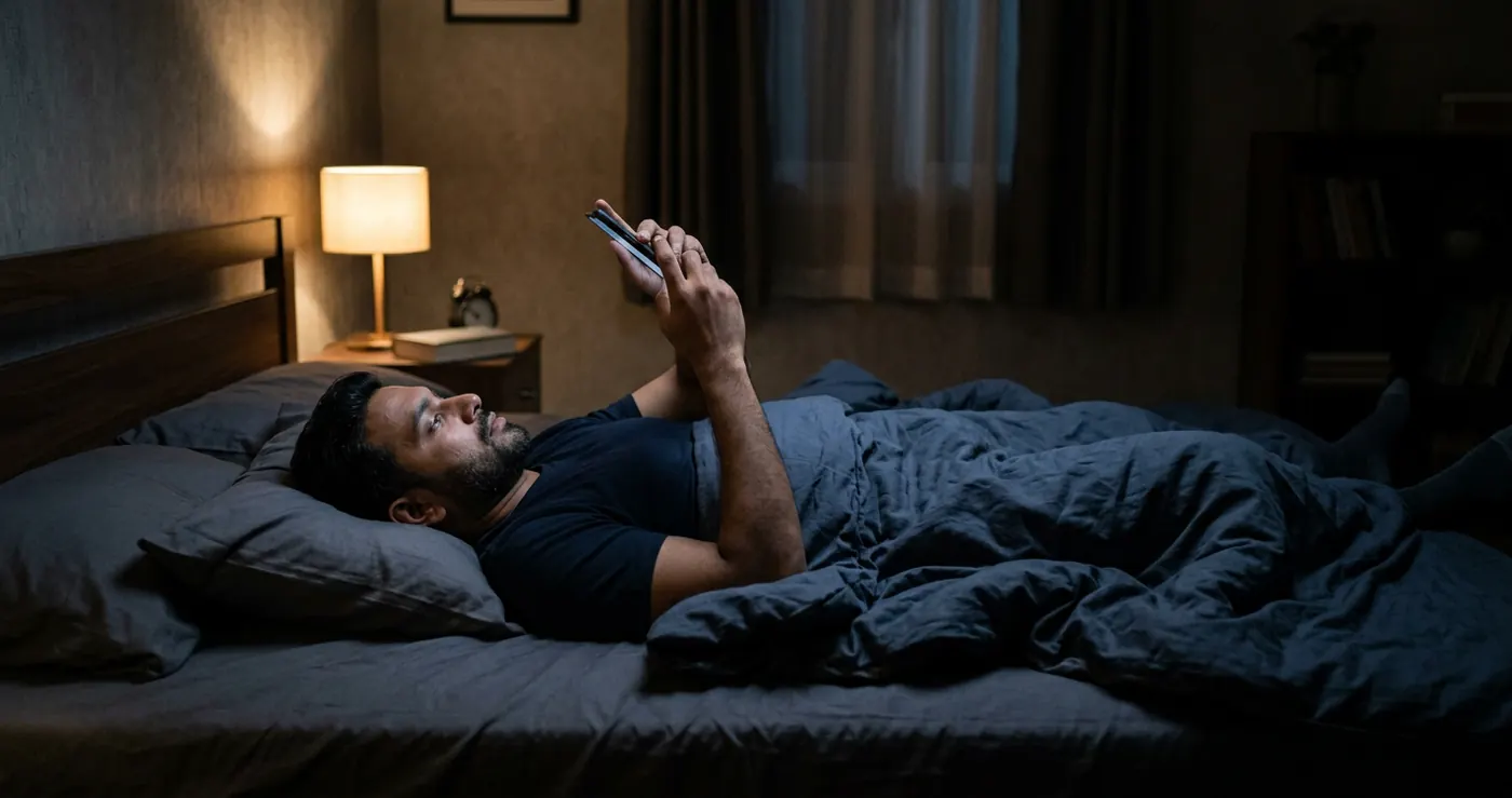 A South Asian man lying awake in bed at night, phone glow on his face, unable to sleep