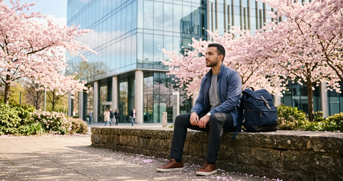 A young man sitting outside a glass office building, looking thoughtfully into the middle distance
